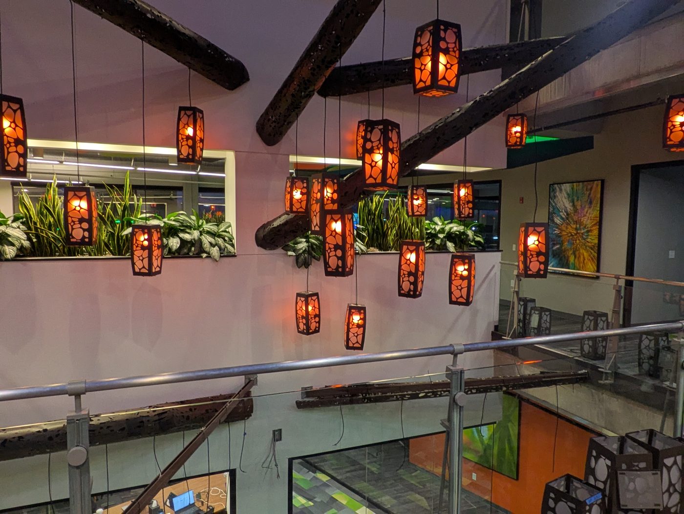 Decorative pendant lighting in a commercial interior